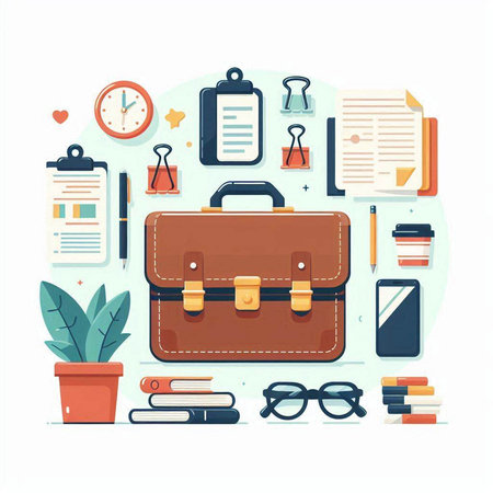 Vector illustration of briefcase, books, glasses and stationery.のイラスト素材