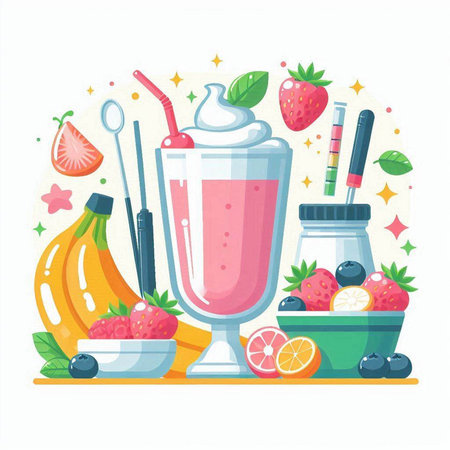 Fruit smoothie with strawberry, banana, orange, blueberry, cherry, lemon, mint. Vector illustrationのイラスト素材
