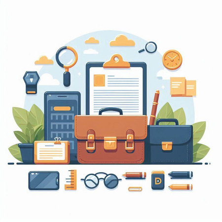 Flat design vector illustration concept of business and finance. Icons of briefcase, calculator, magnifying glass, briefcase, office supplies, stationery.のイラスト素材