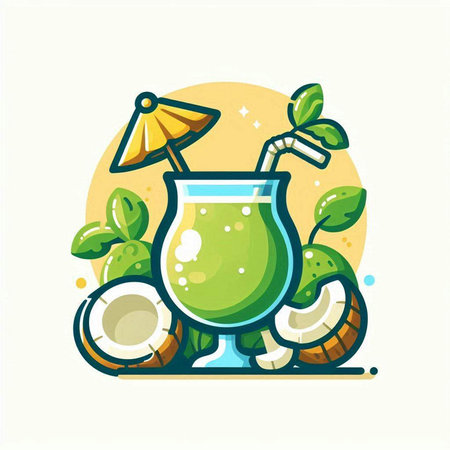 Cocktail with coconut and straw. Vector illustration in flat styleのイラスト素材