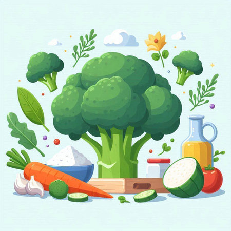Vector illustration of fresh green broccoli with vegetables and ingredients for cooking.のイラスト素材