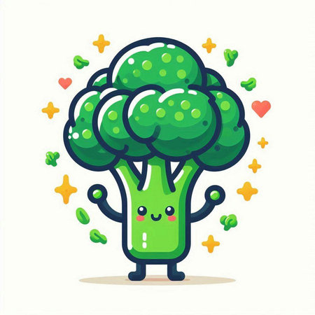 Cute broccoli vegetable character. Vector flat cartoon illustration. Isolated on white background.のイラスト素材