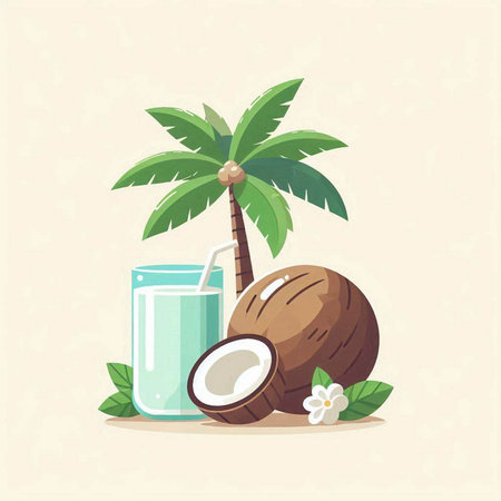 Coconut juice in a glass and palm tree. Vector illustrationのイラスト素材