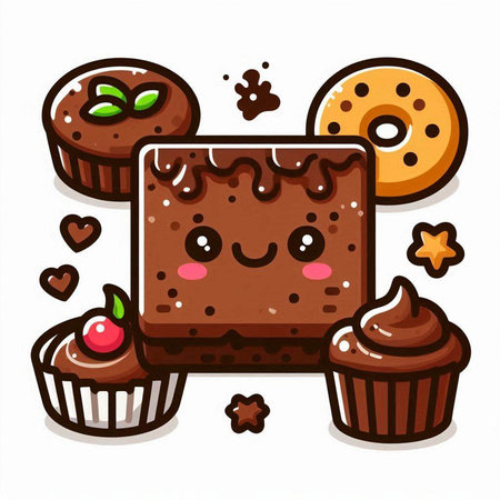 Cute chocolate cake with cupcakes and donuts. Vector illustration.のイラスト素材