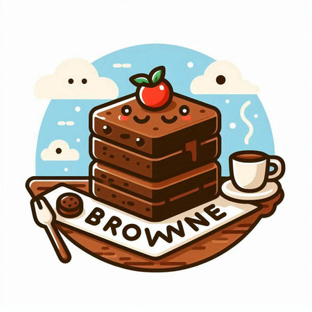 Chocolate Brownies with Strawberry and Cup of Tea. Vector Illustrationのイラスト素材