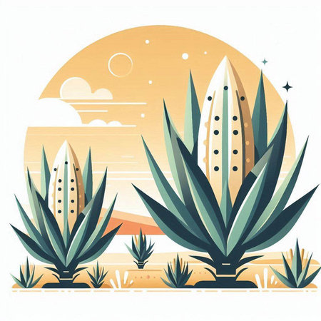 Desert landscape with cactus. Vector illustration in flat style.のイラスト素材