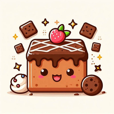Cute chocolate cake, vector illustration. Cartoon style. Sweet dessert.のイラスト素材