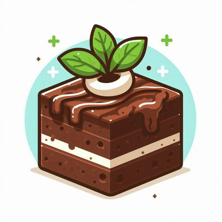 Illustration of a piece of chocolate cake with mint leaves on a white backgroundのイラスト素材