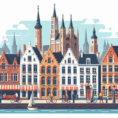 Bruges. Vector illustration in flat style. Urban landscape.のイラスト素材
