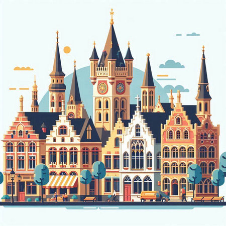 Cityscape of Amsterdam, Netherlands. Vector illustration in flat style.のイラスト素材