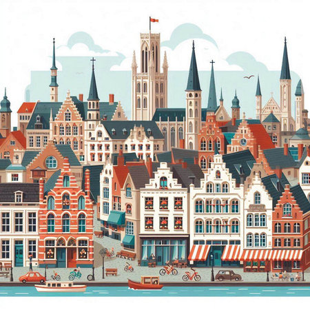 Cityscape of Amsterdam, Netherlands. Hand drawn vector illustration in vintage style.のイラスト素材