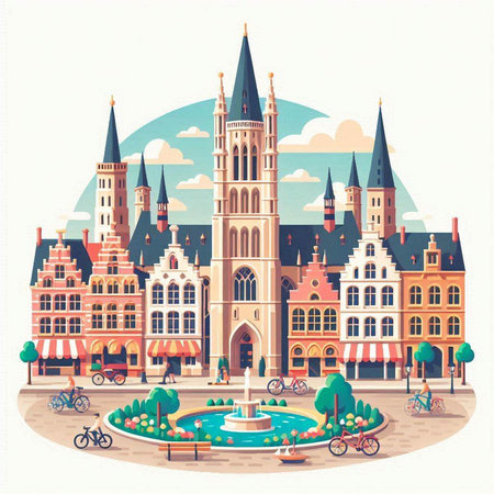 City of Ghent, Belgium. Vector illustration in flat style.のイラスト素材