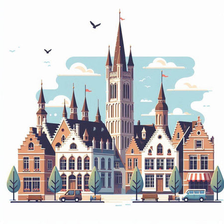 Bruges, Belgium. Vector illustration in a flat style.のイラスト素材