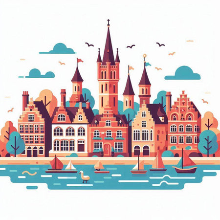 Amsterdam cityscape, Holland, Netherlands. Vector illustration in flat styleのイラスト素材