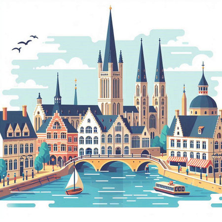 Bruges, Belgium, Europe. Vector illustration in flat styleのイラスト素材