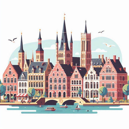 Amsterdam cityscape. Vector illustration in flat style. Holland, Netherlands.のイラスト素材