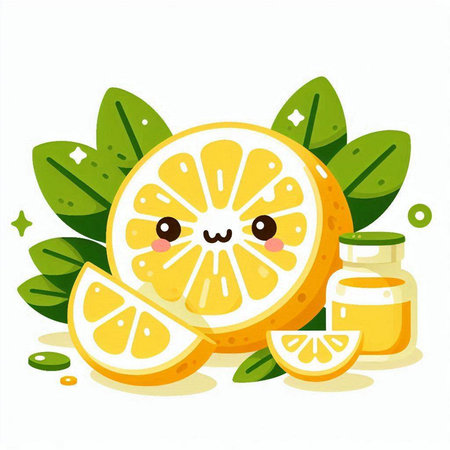 Cute cartoon lemon fruit character with green leaves. Vector illustration.のイラスト素材