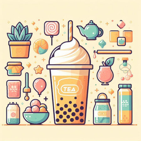 Vector illustration of bubble tea with milk, ice cream, teapot, cup of tea, honey and sweets.のイラスト素材