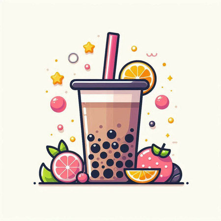 Vector illustration of bubble tea with fruits and berries in flat style.のイラスト素材