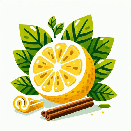Lemon with leaves and cinnamon on a white background. Vector illustration.のイラスト素材