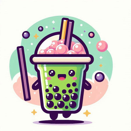 Funny bubble tea cartoon character. Vector illustration of bubble tea.のイラスト素材