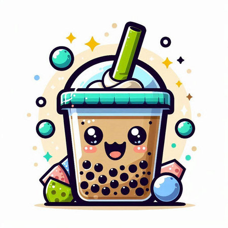 Cute bubble tea character vector illustration. Cartoon bubble tea character.のイラスト素材