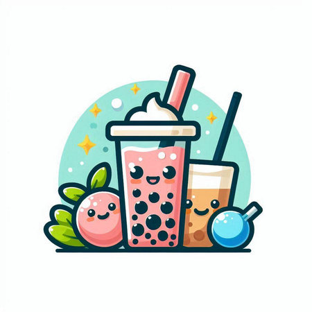 Cute bubble tea vector illustration. Cartoon bubble tea character. Kawaii bubble tea icon.のイラスト素材