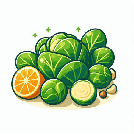 Illustration of green Brussels sprouts with orange on white background.のイラスト素材