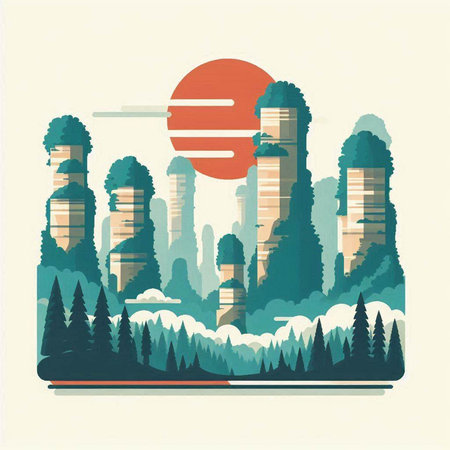 Vector illustration of modern city in flat style with sun and forest.のイラスト素材
