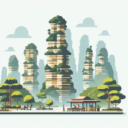 Cityscape with skyscrapers, trees and lake. Vector illustrationのイラスト素材