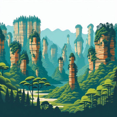 Landscape with mountains, trees, river and forest. Vector illustration.のイラスト素材