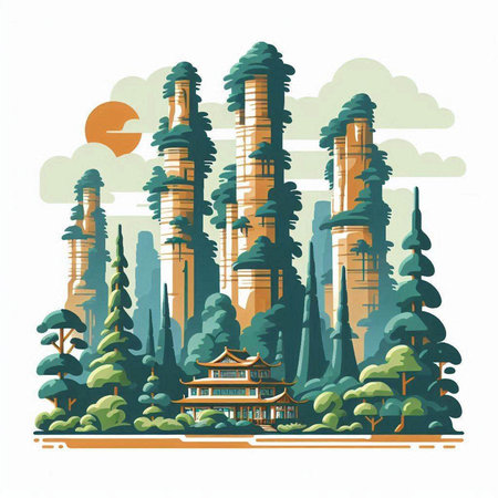 Trees and pagoda in the middle of the forest. Vector illustration.のイラスト素材