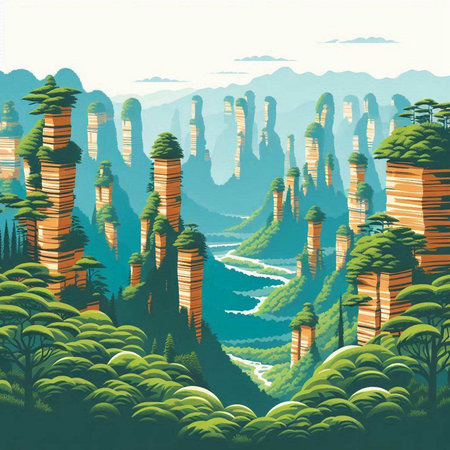 Fantasy landscape with mountains and river. Digital art painting. Vector illustration.のイラスト素材