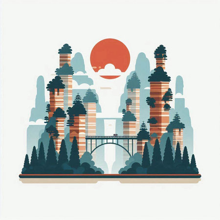 Modern city landscape with skyscrapers and bridge. Vector illustration.のイラスト素材