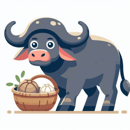 Cartoon buffalo with basket of eggs. Vector illustration in flat styleのイラスト素材