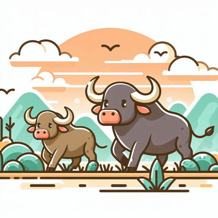 Vector illustration of buffalo in the field. Cute cartoon style.のイラスト素材