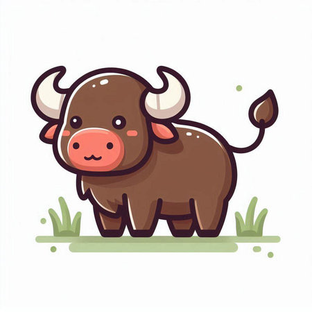 Cute cartoon bull standing in the grass. Vector illustration on white background.のイラスト素材
