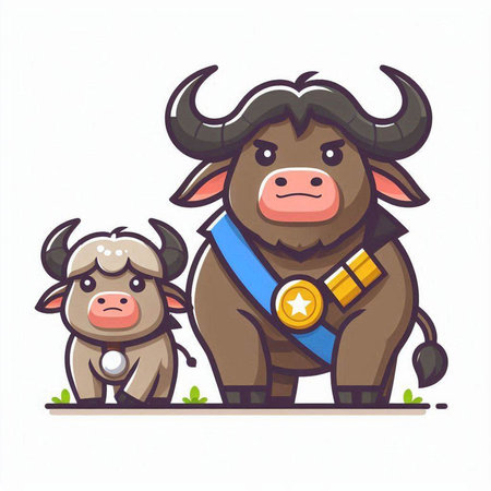 Cute buffalo and little calf cartoon vector illustration. Cute cartoon animal character.のイラスト素材