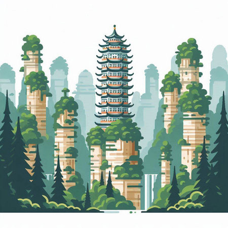 Pagoda in the forest. Vector illustration in flat style.のイラスト素材