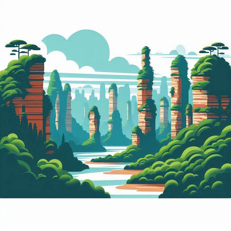 Landscape with mountains, river and forest. Vector illustration in retro style.のイラスト素材