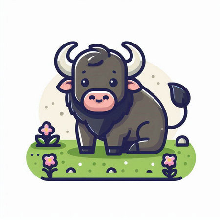 Cute cartoon buffalo on the meadow. Vector illustration in cartoon style.のイラスト素材