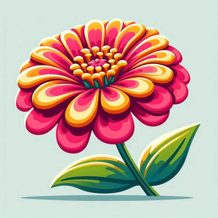 Colorful zinnia flower with green leaves. Vector illustration.のイラスト素材