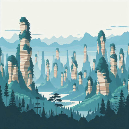 Beautiful mountain landscape with lake and forest. Vector illustration in retro style.のイラスト素材