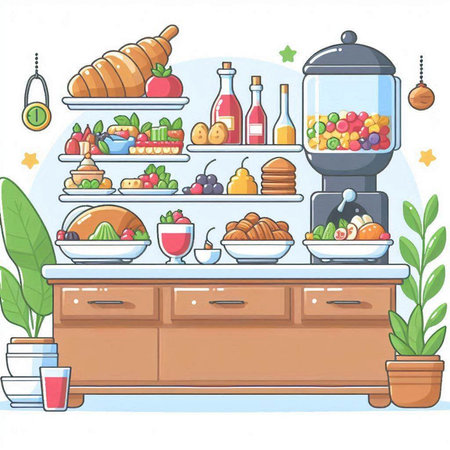 Illustration of a kitchen cabinet filled with fruits and pastries.のイラスト素材