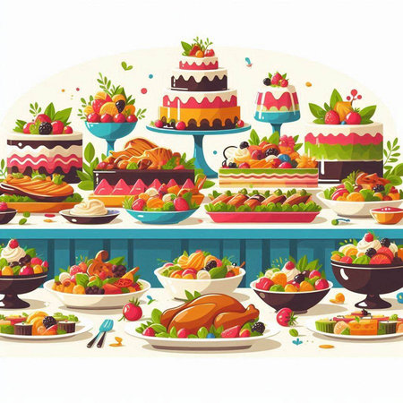 Vector illustration of a variety of fruit and cakes on the table.のイラスト素材