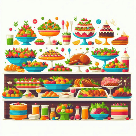 Fruits and vegetables on the shelves of the store. Vector illustrationのイラスト素材
