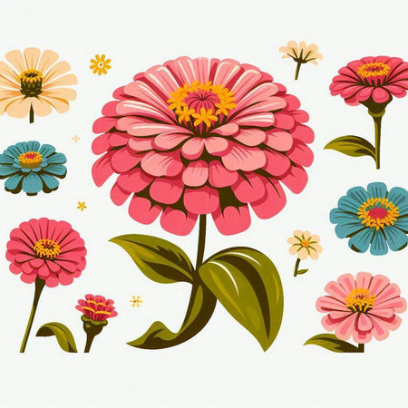 Zinnia flowers and leaves on white background. Vector illustration.のイラスト素材