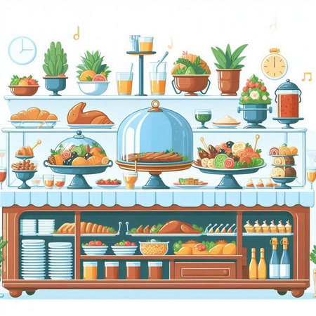 Vector illustration of a restaurant or cafe counter with food and drinks.のイラスト素材