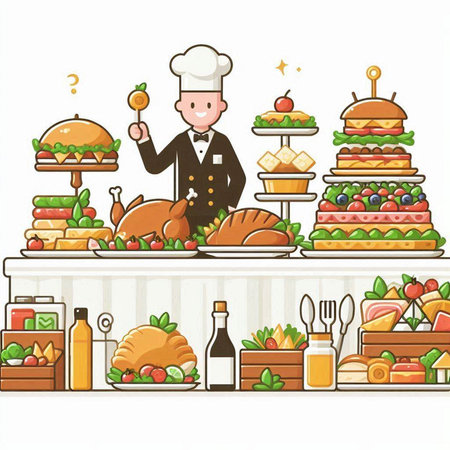 Restaurant counter with food. Vector illustration in cartoon style.のイラスト素材