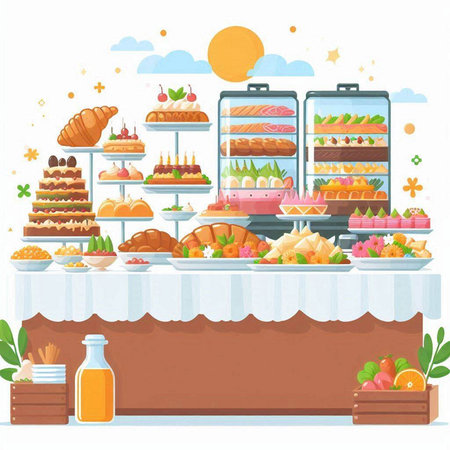 Catering buffet with desserts and pastries. Vector illustration.のイラスト素材